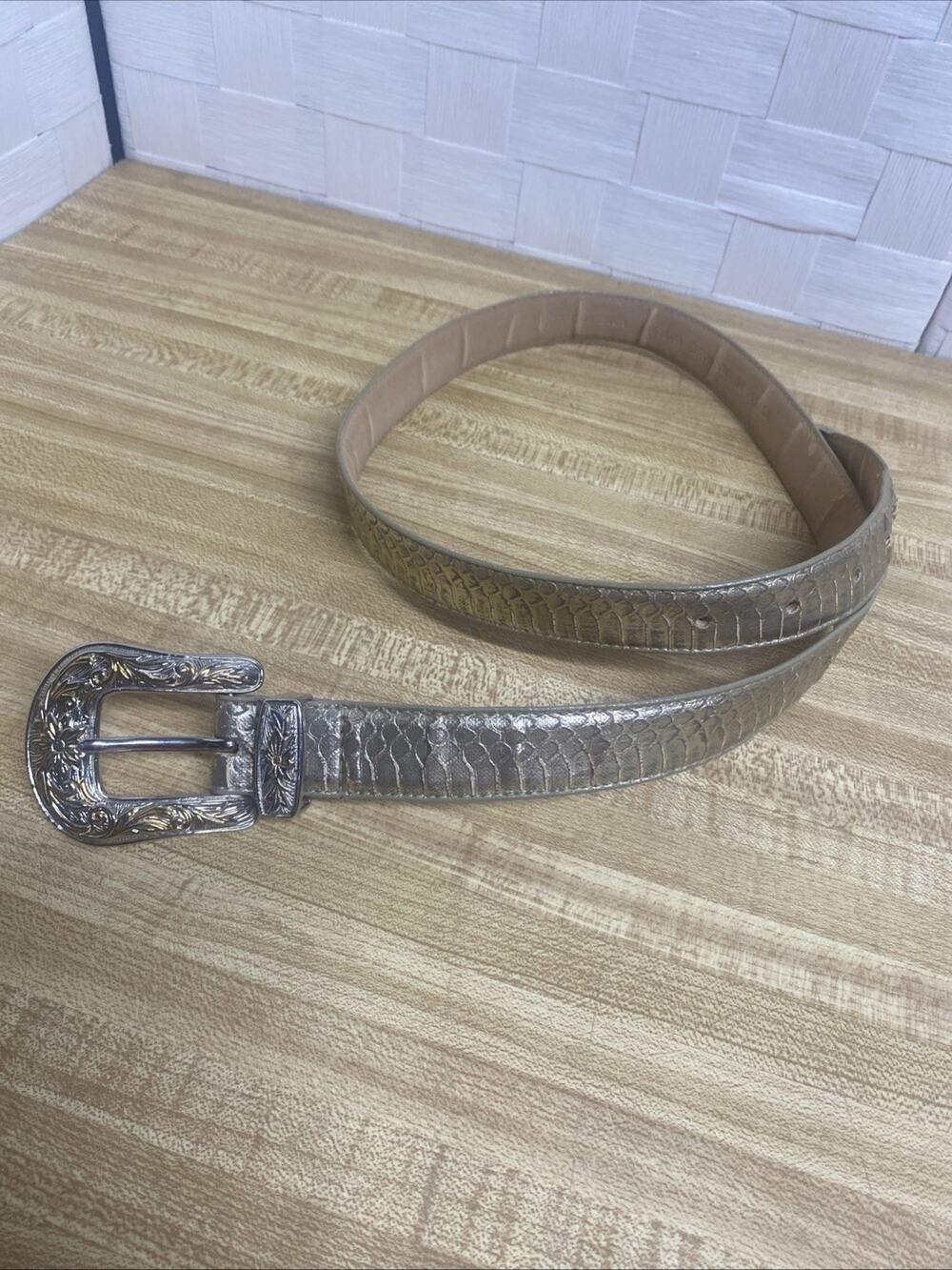 1980s Faux Snakeskin Metallic Boa Adjustable Belt Western Theme Buckle Sz M/L